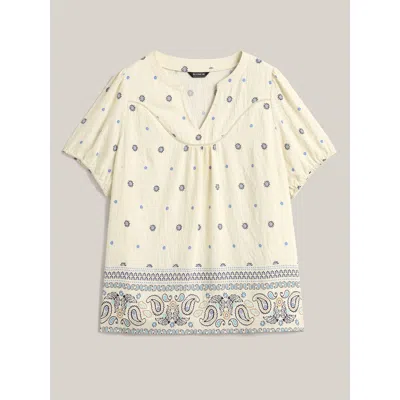 Bloomchic Boho Print Notched Collar Blouse In White