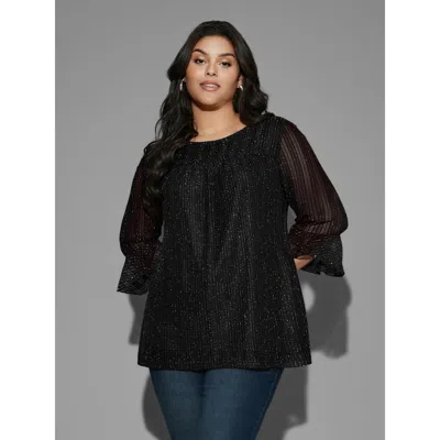 Bloomchic Glitter Gathered Patchwork Ruffles Top In Black