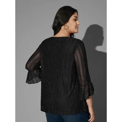Bloomchic Glitter Gathered Patchwork Ruffles Top In Black