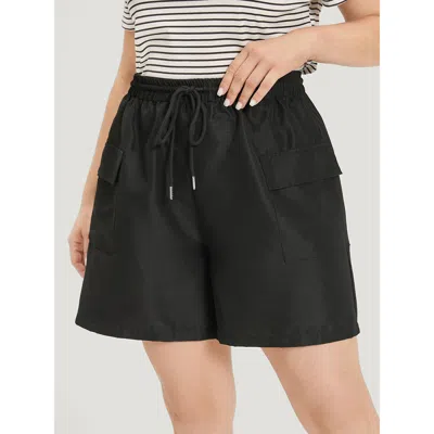 Bloomchic Plain Flap Pocket Drawstring Shorts In Black