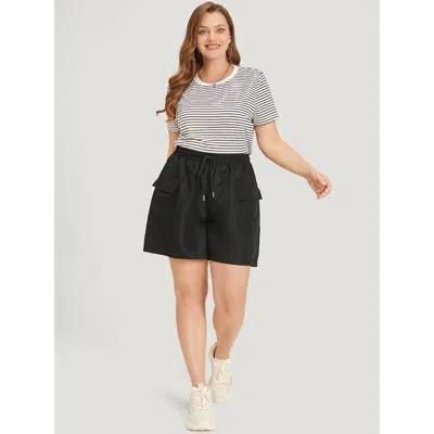 Bloomchic Plain Flap Pocket Drawstring Shorts In Black