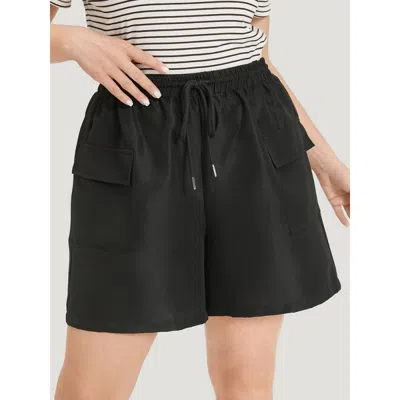 Bloomchic Plain Flap Pocket Drawstring Shorts In Black