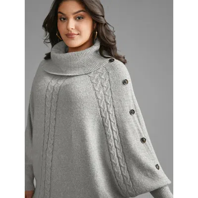 Bloomchic Turtleneck Cable Knit Asymmetrical Hem Pullover In Animal Print