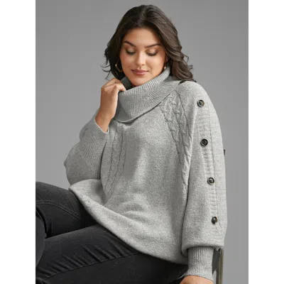 Bloomchic Turtleneck Cable Knit Asymmetrical Hem Pullover In Animal Print