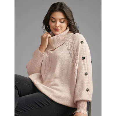 Bloomchic Turtleneck Cable Knit Asymmetrical Hem Pullover In Black