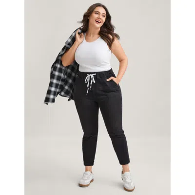 Bloomchic Pull-on Drawstring Folded Hem Boyfriend Jeans In Black