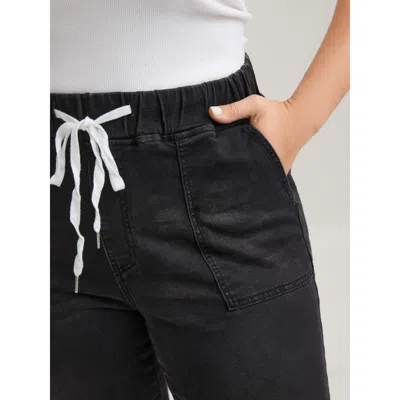 Bloomchic Pull-on Drawstring Folded Hem Boyfriend Jeans In Black