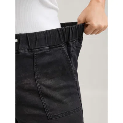 Bloomchic Pull-on Drawstring Folded Hem Boyfriend Jeans In Black