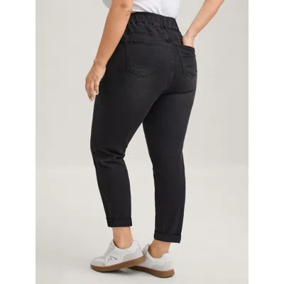 Bloomchic Pull-on Drawstring Folded Hem Boyfriend Jeans In Black