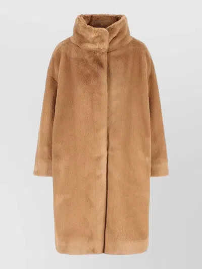 Herno Faux Fur Short Coat With High Collar In Brown