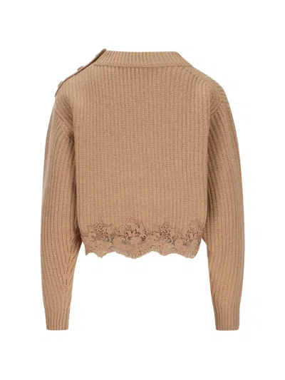 Chloé Pullover Corto Con Collo A Lupetto In Maglia Di Lana E Cashmere Con Pizzo In Brown
