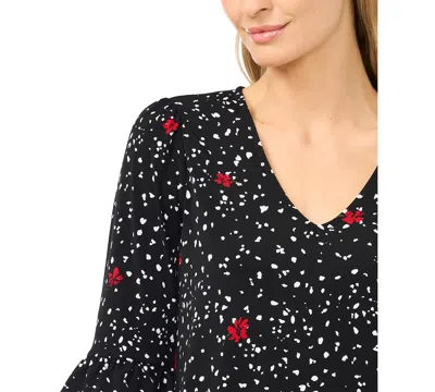 Cece Floral Dot Flutter Sleeve Split Neck Top In Black