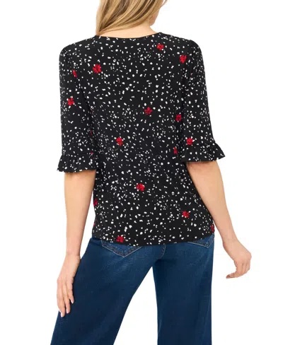 Cece Floral Dot Flutter Sleeve Split Neck Top In Black