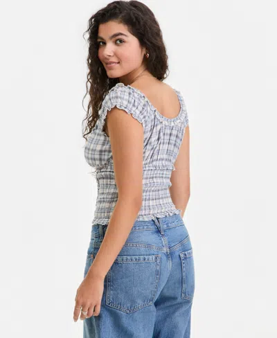 Self Esteem Juniors' Tie-front Plaid Printed Top In Blue