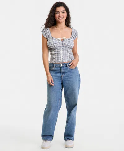 Self Esteem Juniors' Tie-front Plaid Printed Top In Blue