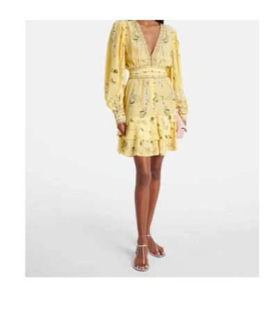 Camilla Daisy Chains Button Front Long Sleeve Silk Minidress In Yellow