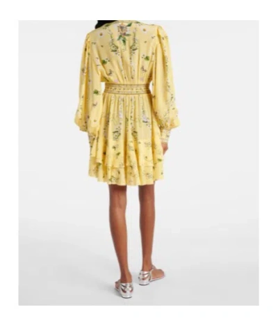 Camilla Daisy Chains Button Front Long Sleeve Silk Minidress In Yellow