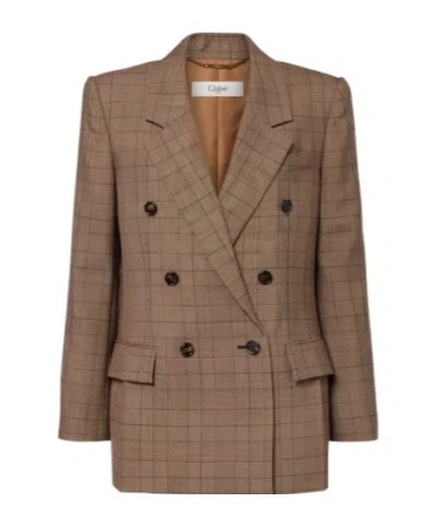 Chloé Double-breasted Tailored Jacket In Check Wool In Brown