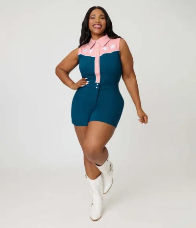 Unique Vintage Plus Size Rodeo Ready Romper In Blue