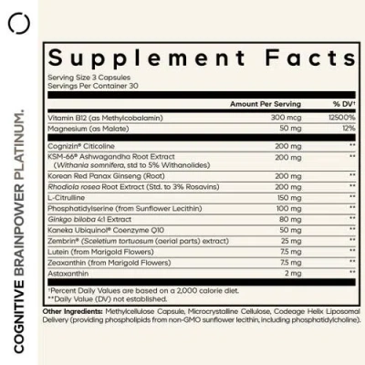Codeage Cognitive Brainpower Platinum, Cognizin Citicoline Supplement In White