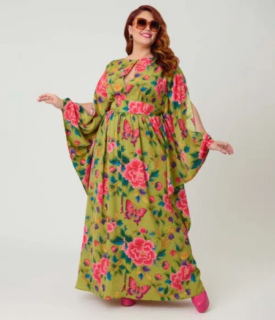 Unique Vintage Plus Size 1960s Flutter Sleeve Caftan In Multi