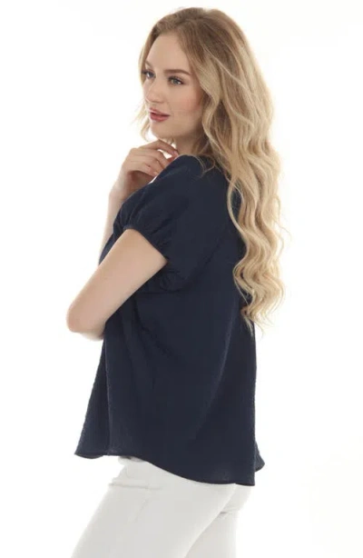 Rain And Rose Button Front Short Sleeve Top In Blue