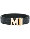 Mcm Logo Embossed Reversible Leather Belt In Black/gold