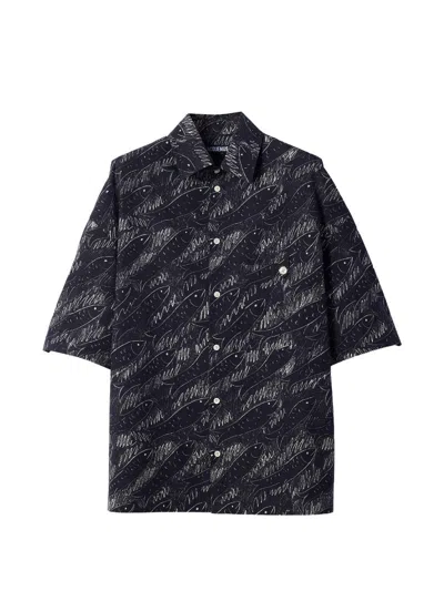 Jacquemus Rio Fish Print Shirt Short Sleeves Pocket In Black