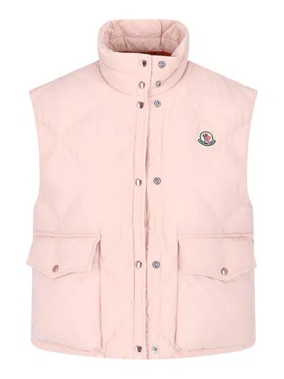 Moncler Biois Down Gilet Stand Collar Zigzag Quilted Technical Fabric In Nude