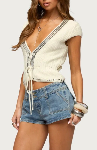Edikted Cate Sequin Tie Front Top In White
