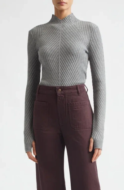 Victoria Beckham Fitted Ribbed Knit Sweater With Subtle V-neckline In Gray