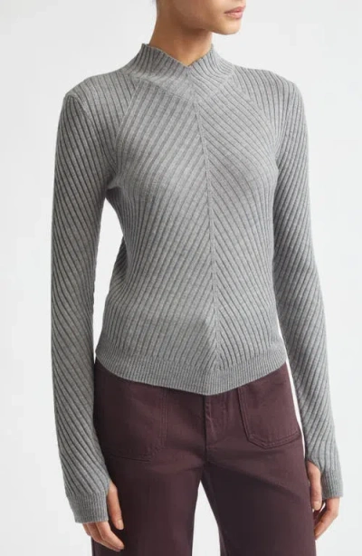 Victoria Beckham Fitted Ribbed Knit Sweater With Subtle V-neckline In Gray