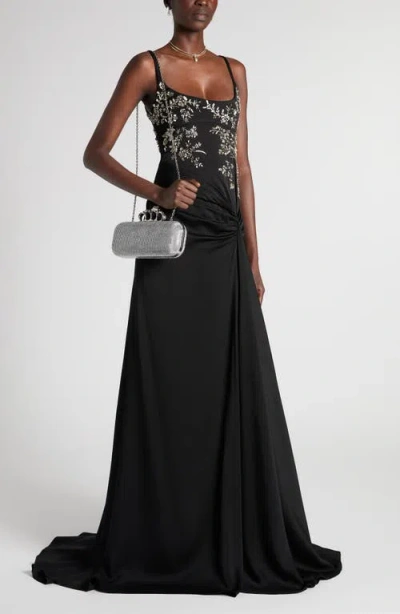 Alexander Mcqueen Mcqueen Embellished Draped Crepe Gown In Black