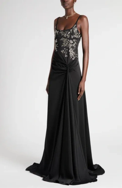 Alexander Mcqueen Mcqueen Embellished Draped Crepe Gown In Black