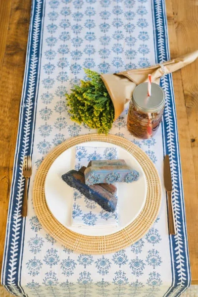 Mended Lotus Table Runner In Blue
