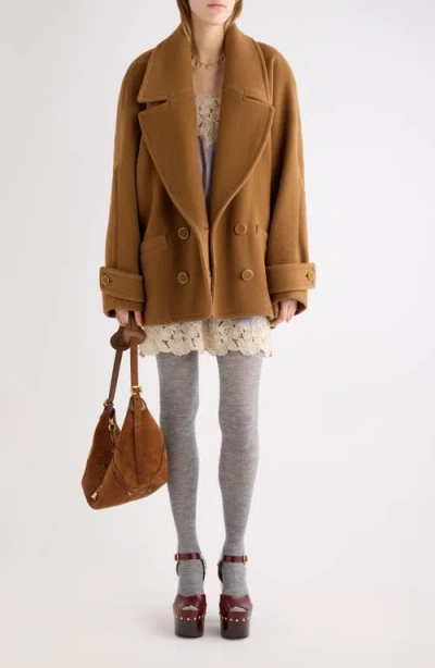 Chloé Double-breasted Short Coat In Herringbone Wool In Brown