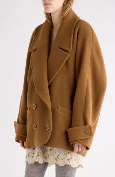 Chloé Double-breasted Short Coat In Herringbone Wool In Brown