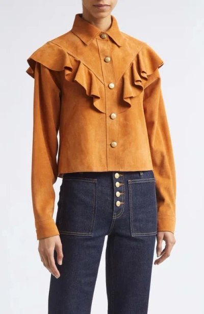 Ulla Johnson Matilde Ruffle Suede Jacket Cognac In Brown