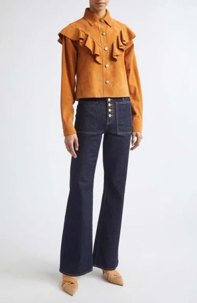 Ulla Johnson Matilde Ruffle Suede Jacket Cognac In Brown