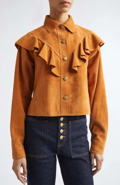Ulla Johnson Matilde Ruffle Suede Jacket Cognac In Brown