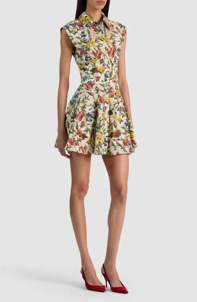 Alice And Olivia Kim Paneled Corset Flared Mini Shirt Dress Desert Springs Vanilla In Multi