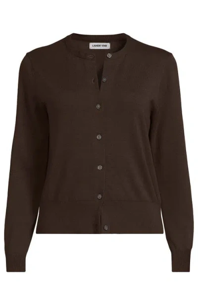 Lands' End Fine Gauge Cotton Crew Cardigan Sweater In Brown