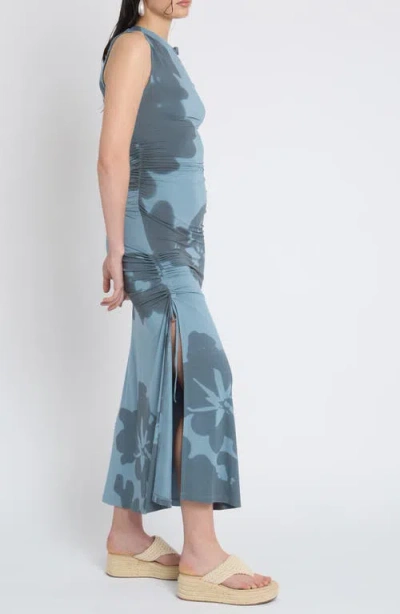 Muse Assembly Placement Print Ruched Side Maxi Dress In Blue