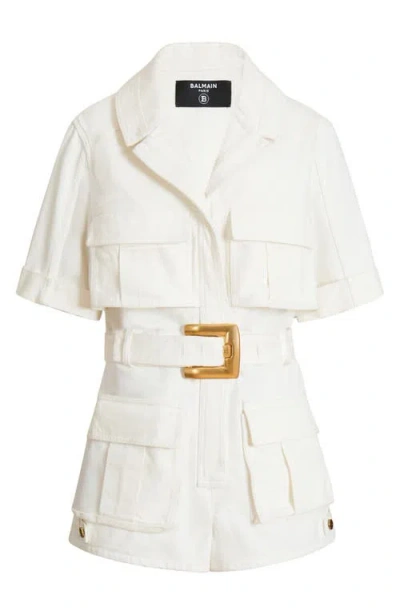 Balmain Belted Denim Playsuit In White