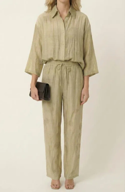 Modenaire Relaxed Button Front Shirt & Drawstring Pants Set In Green