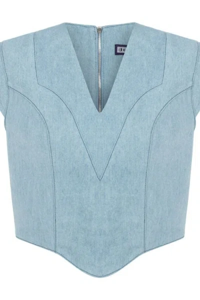 Jendue Marvel V-neck Denim Top In Blue