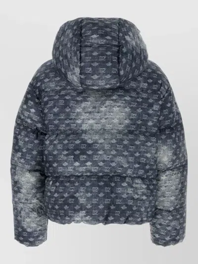 Dsquared2 Patterned Hooded Polyester Down Jacket In Blue