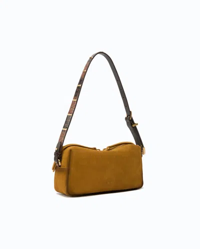 Pinko Rectangular Mini Suede Shoulder Bag With Textured Strap In Brown