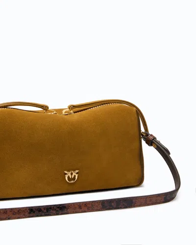 Pinko Rectangular Mini Suede Shoulder Bag With Textured Strap In Brown
