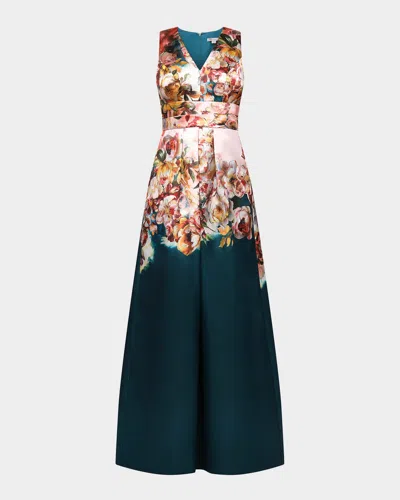 Kay Unger Mariah Sleeveless Floral Mikado Gown In Blue
